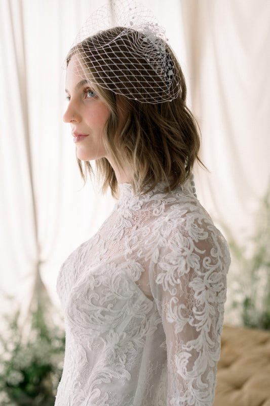 Woman wearing a lace wedding dress and birdcage veil against a soft, blurred background