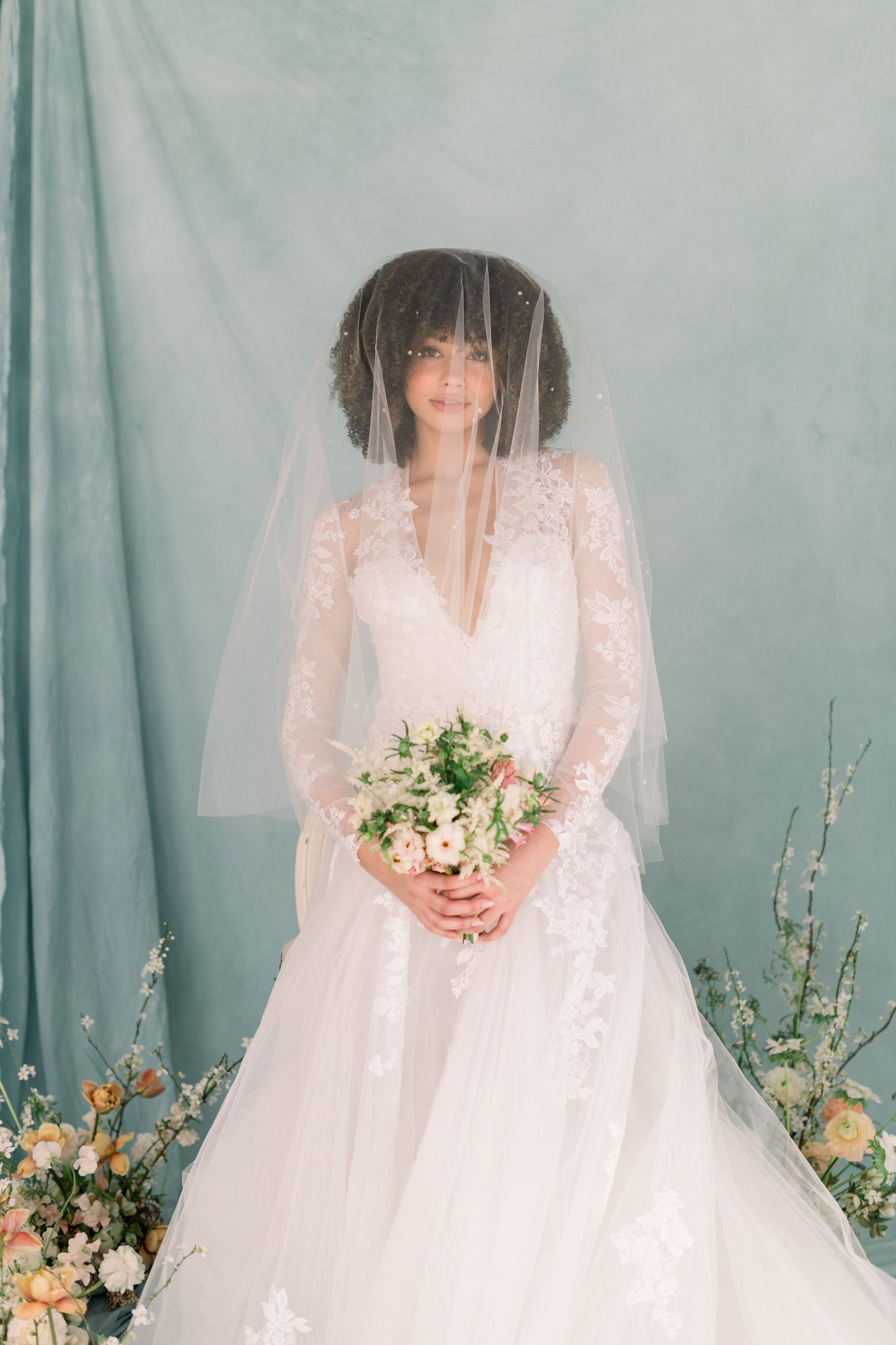 Drop bridal veil with clustered dew drops throughout - Ready to ship