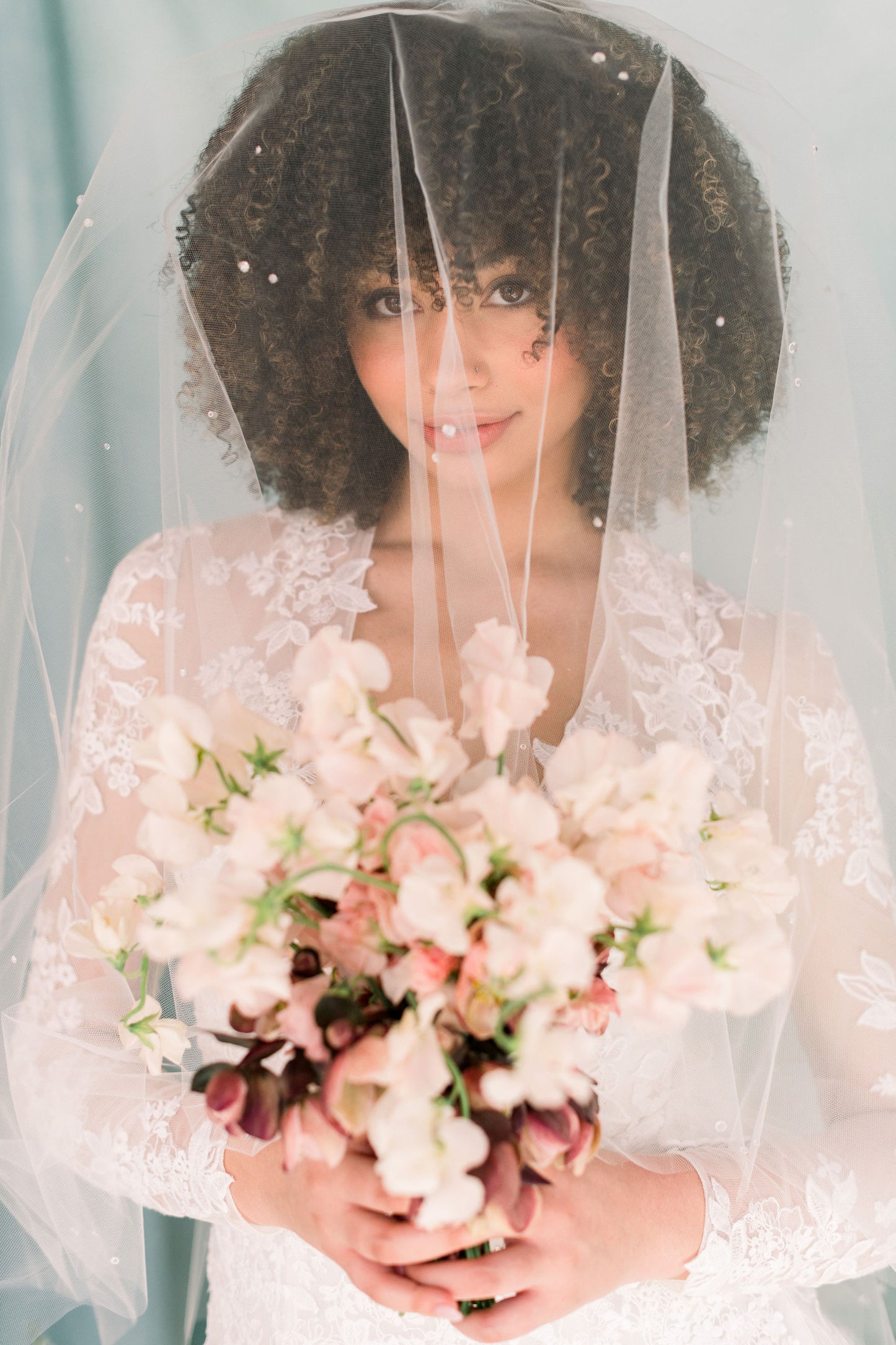 Drop bridal veil with clustered dew drops throughout - Ready to ship