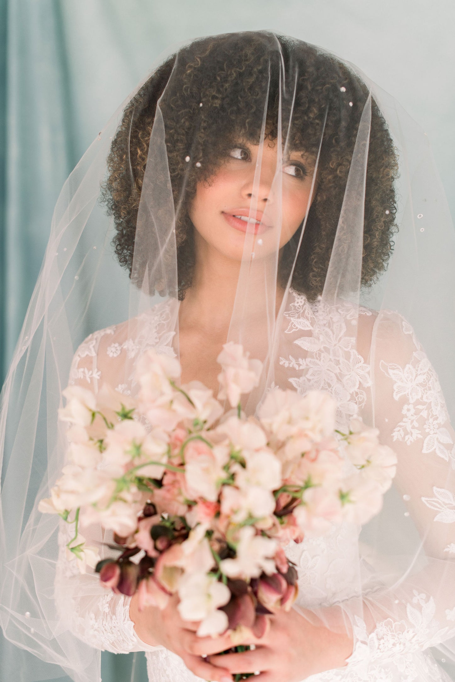 Drop bridal veil with clustered dew drops throughout - Ready to ship