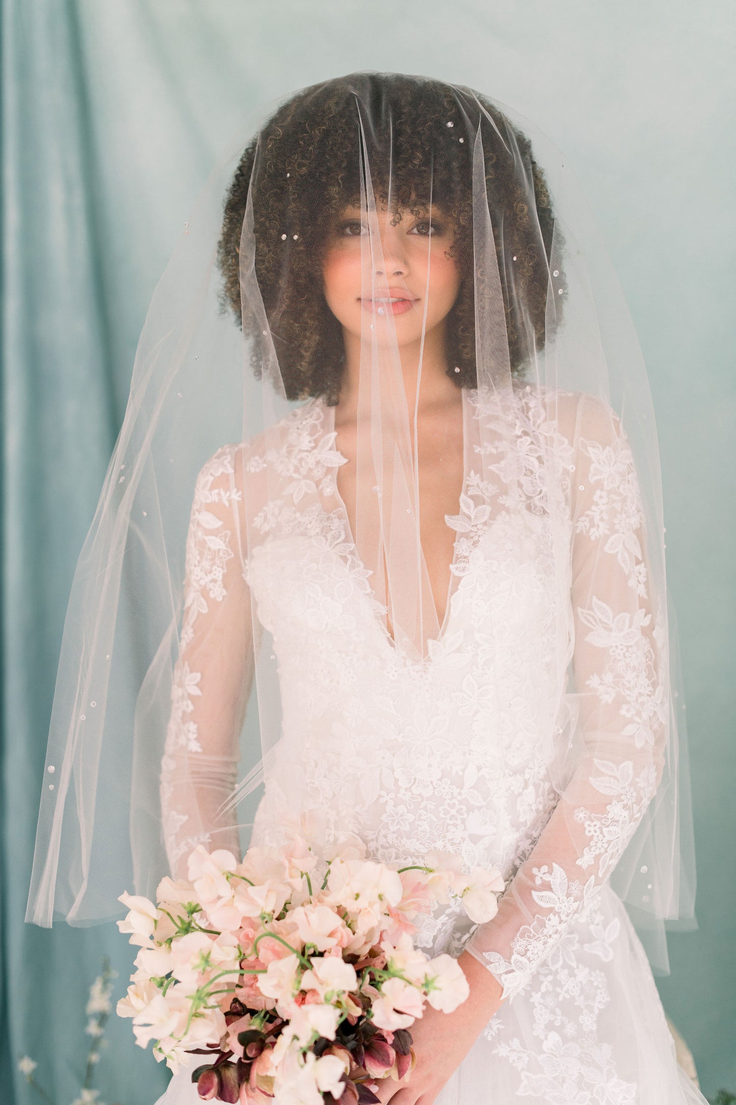 Drop veil - Bridal veil with clustered dew drops throughout - Illusion tulle veil