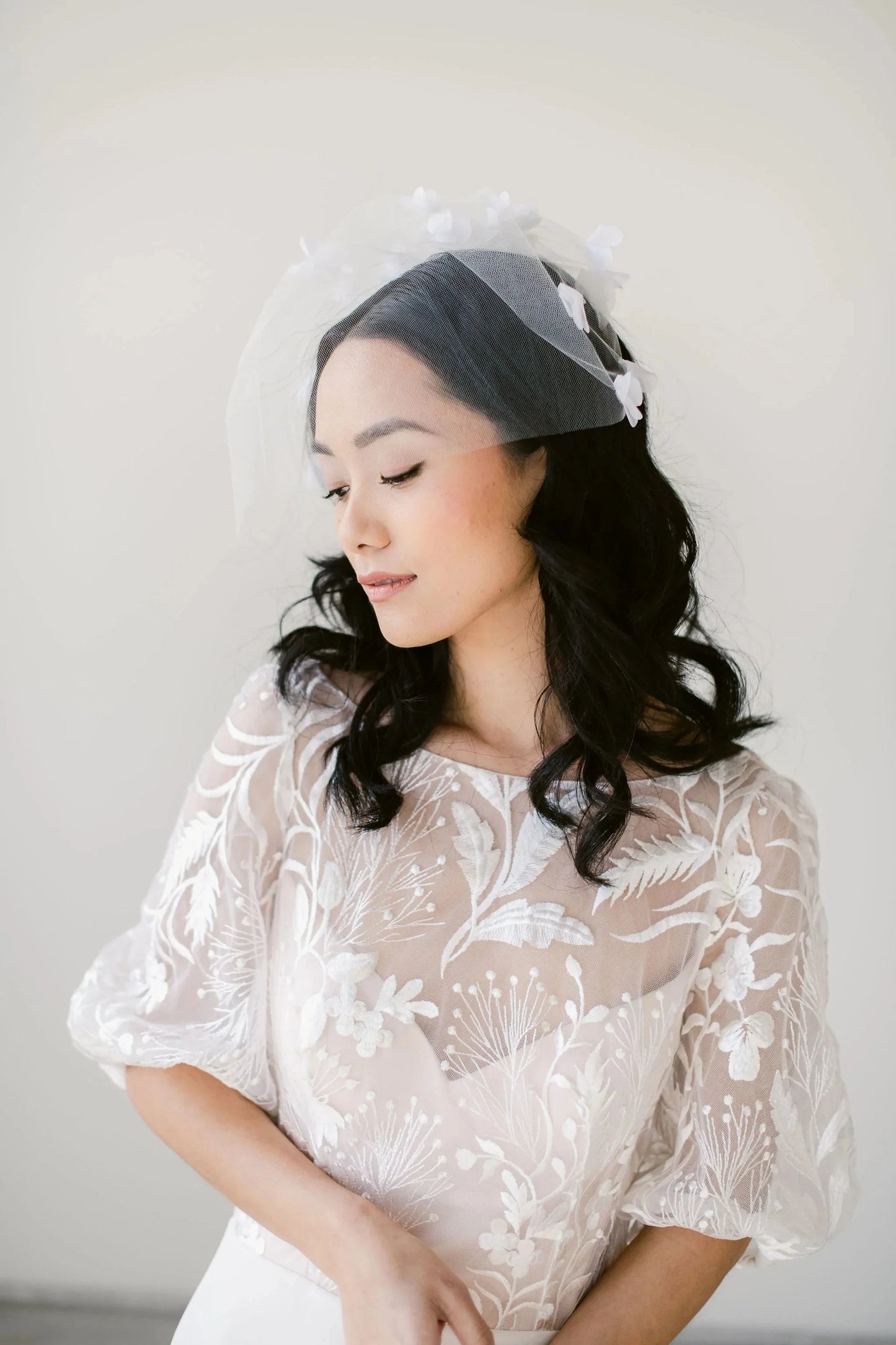 Chiffon floral tulle birdcage veil Tessa Kim