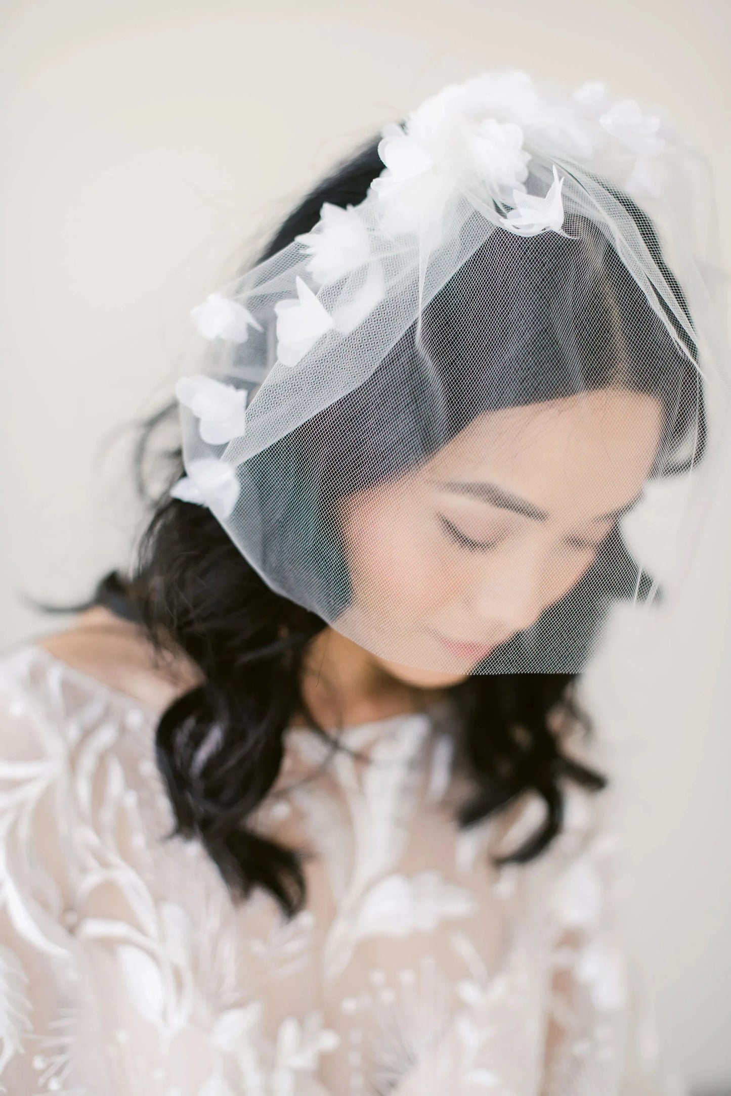 Chiffon floral tulle birdcage veil Tessa Kim