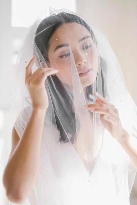 Crystal adorned illusion tulle veil with blusher - ready to ship Tessa Kim