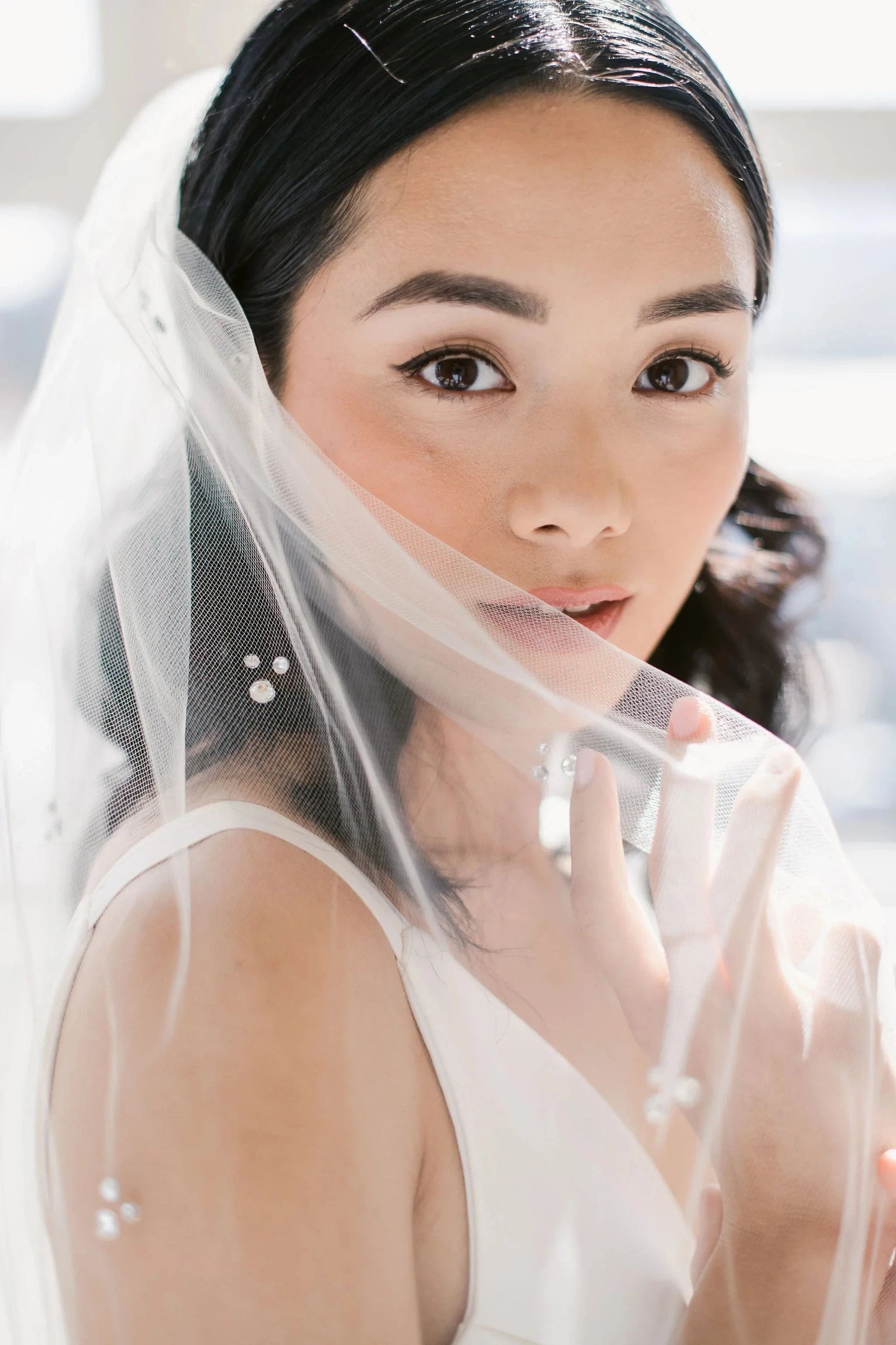 Illusion tulle veil with trio crystal accents - ready to ship Tessa Kim