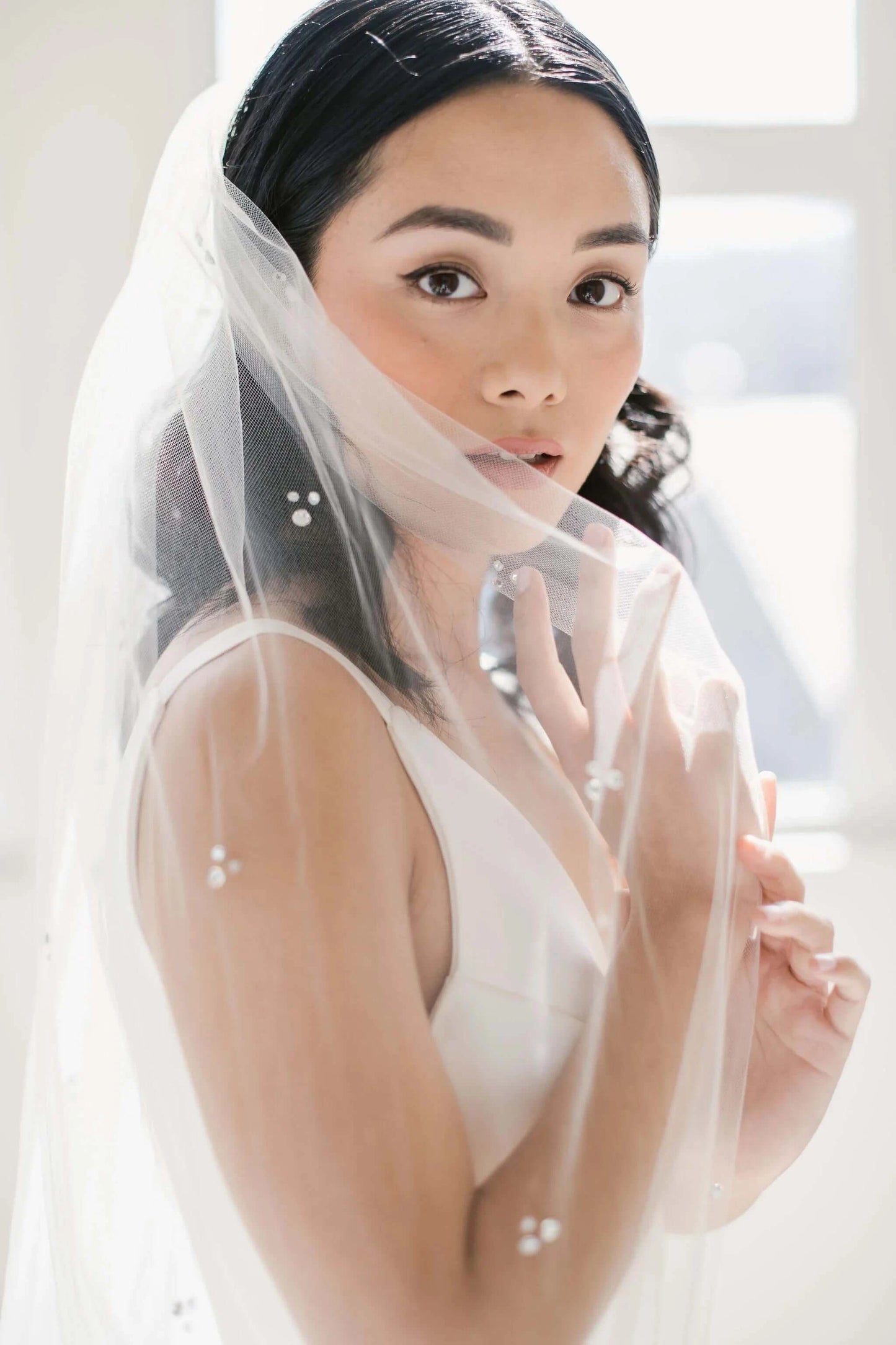 Illusion tulle veil with trio crystal accents - ready to ship Tessa Kim