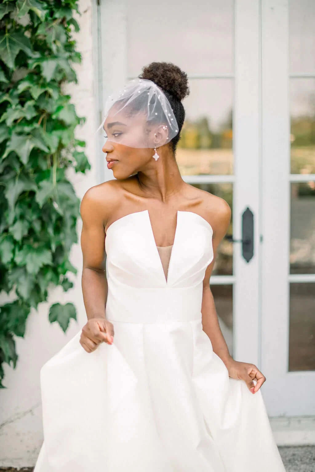 Mini Tulle birdcage veil with crystal pearl accents - ready to ship Tessa Kim