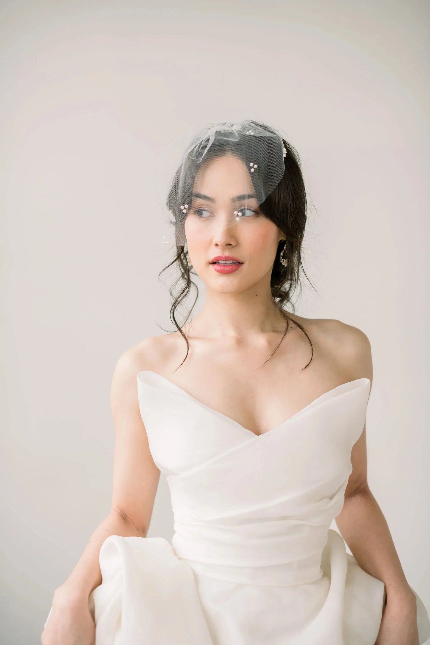 Mini bridal tulle birdcage veil trio pearl accents - Ready to ship Tessa Kim