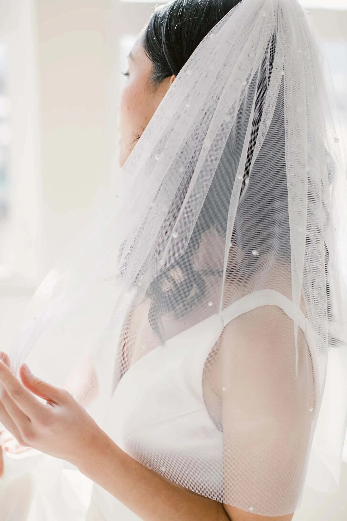 Pearl adorned Italian tulle bridal veil Tessa Kim