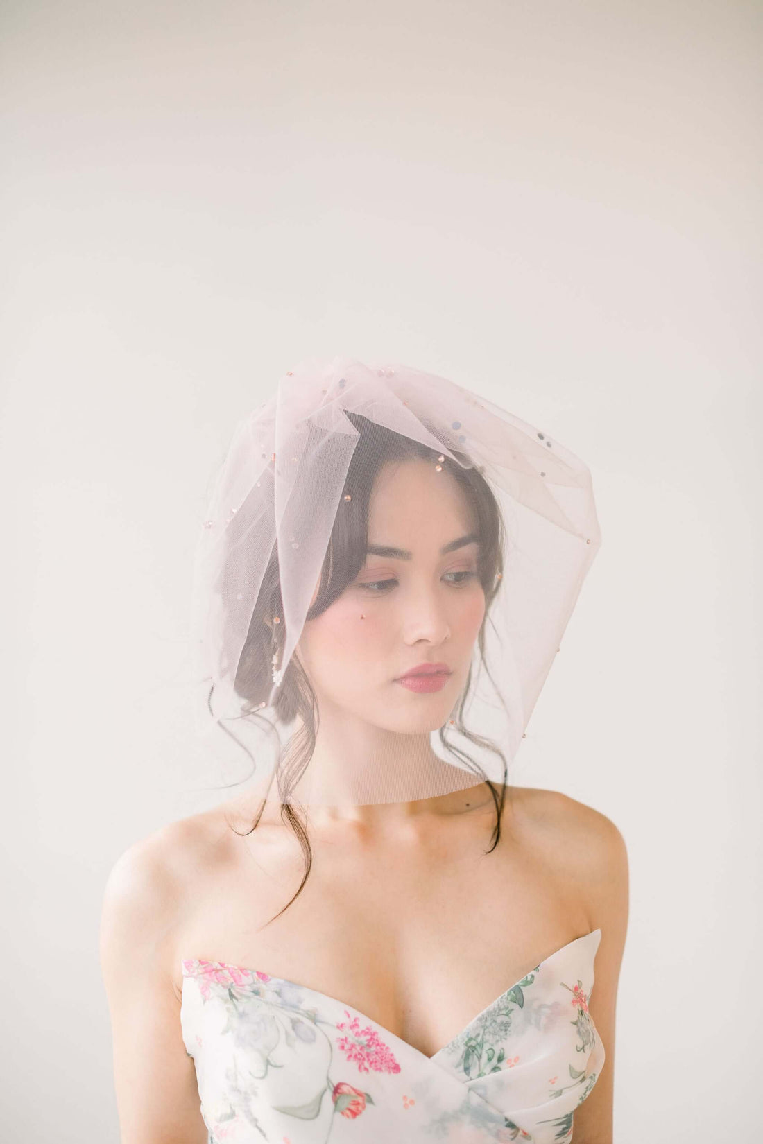 blush pink tulle birdcage veil with crystals