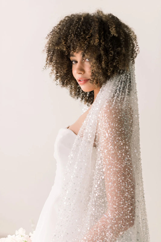 French sequin, pearl and beaded single tier wedding veil