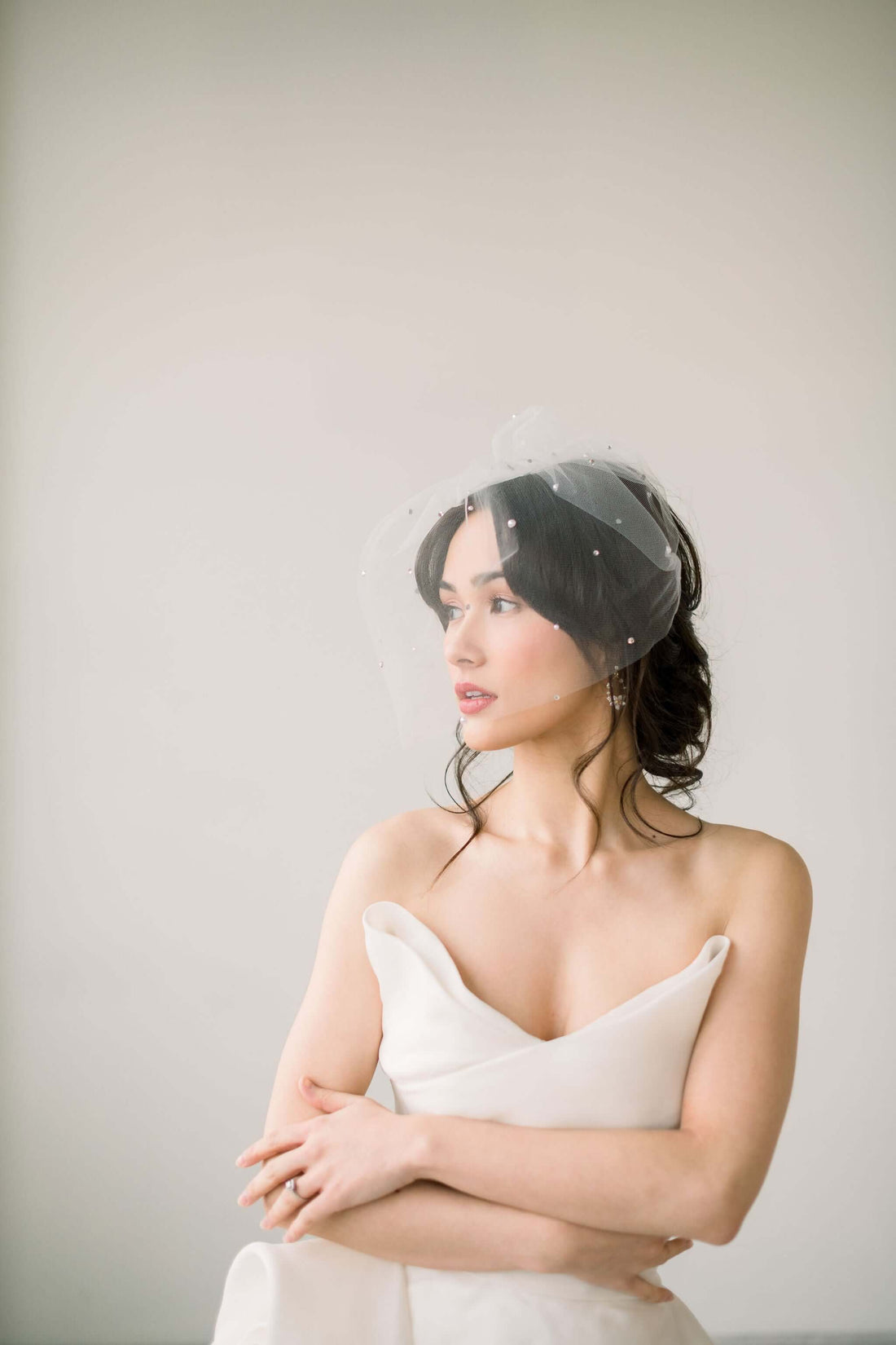 tulle birdcage veil with pearl crystals
