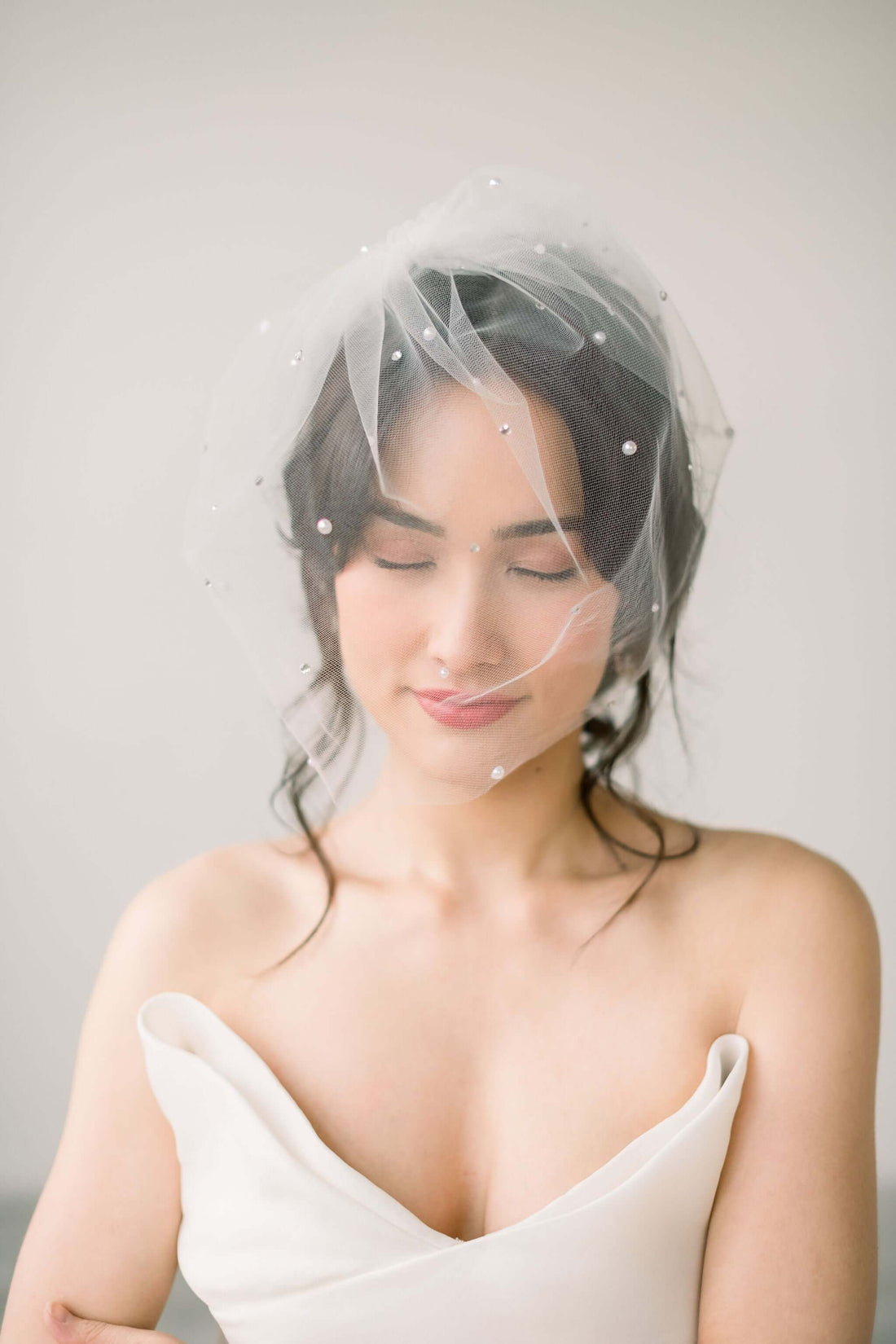 tulle birdcage veil with crystals and pearls