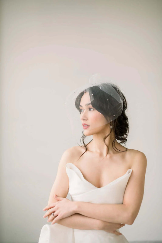 What kind of wedding dress goes with a birdcage veil? Tessa Kim