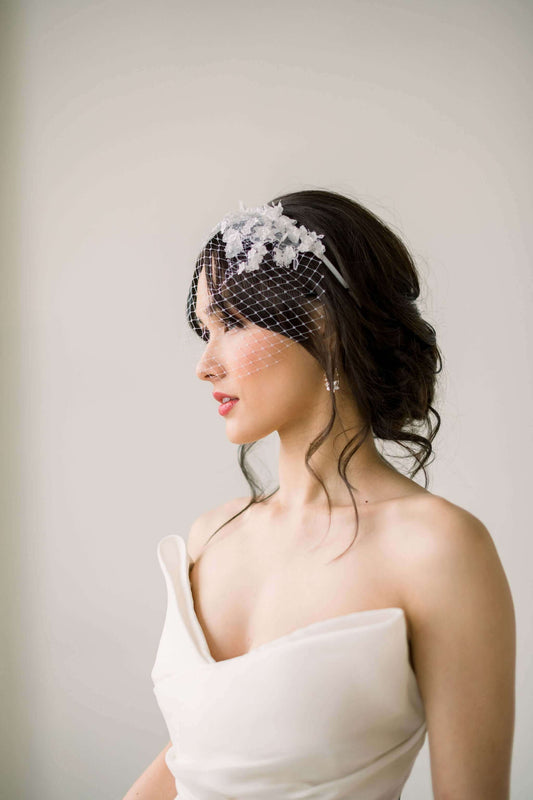 Featured product: Mini lace birdcage veil on headband Tessa Kim