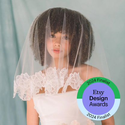Drop veil - Mini drop bridal veil with floral lace trim - Illusion tulle veil