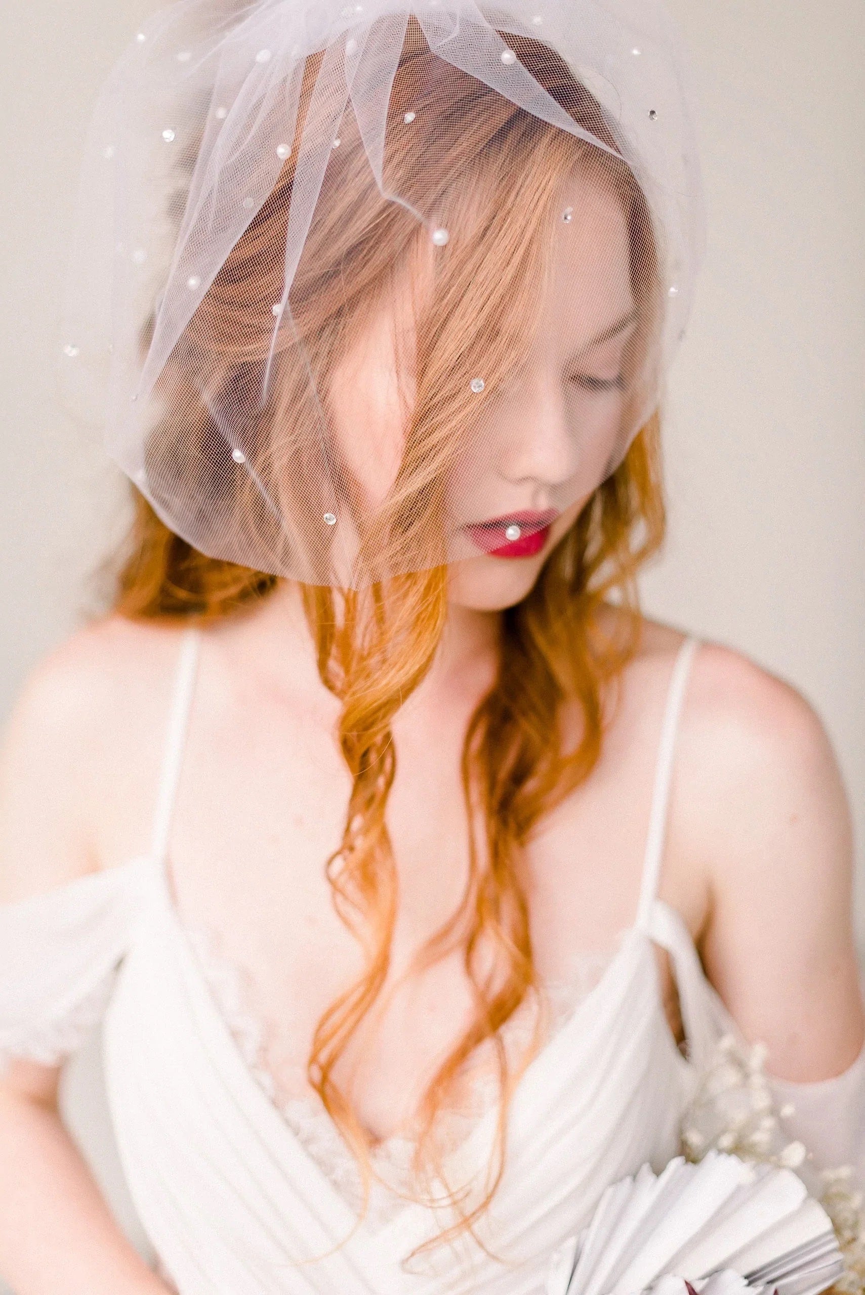Lace and flower Birdcage Veil in Ivory with Pearls - Be Something New