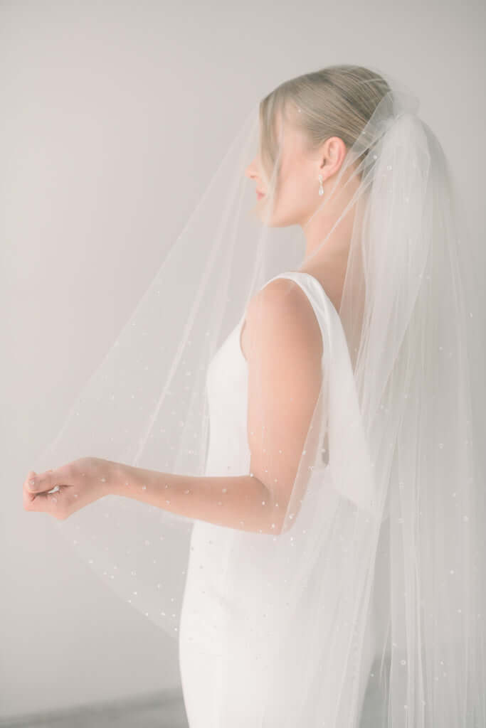 Scattered Pearl Veil on Soft Bridal Tulle Elbow, Fingertip, Waltz or Cathedral  Length 