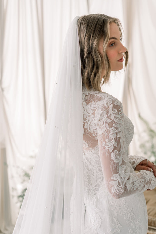 Single tier veil - Soft Italian tulle bridal veil with crystals and pearls