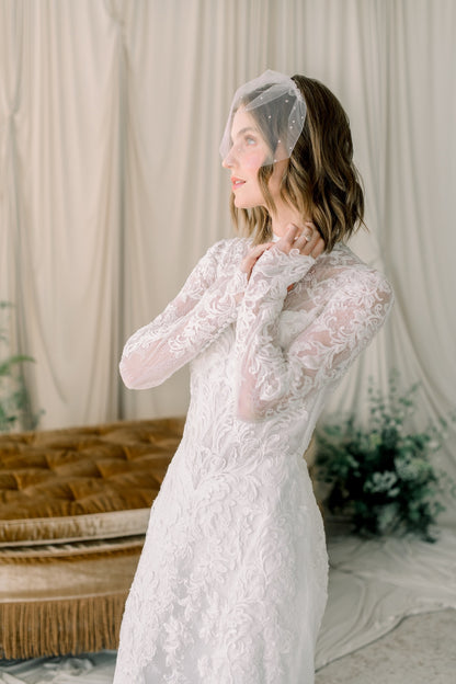 Woman wearing a lace wedding dress with a veil in a softly lit room.