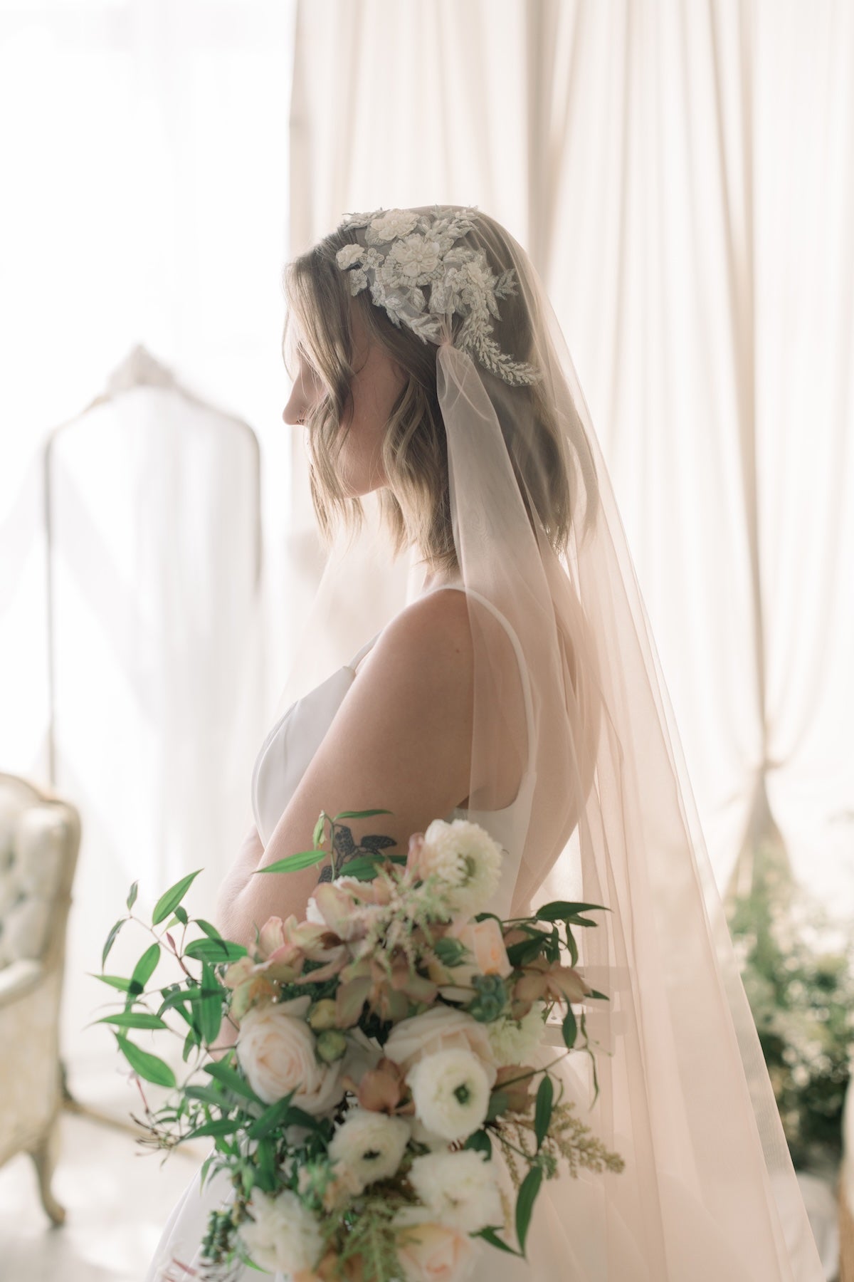 Champagne Juliet Veil | Gold Lace Juliet Cap Veil | Champagne Wedding Veil