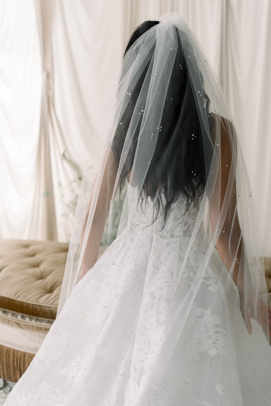 Person wearing a white wedding dress with a veil indoors.