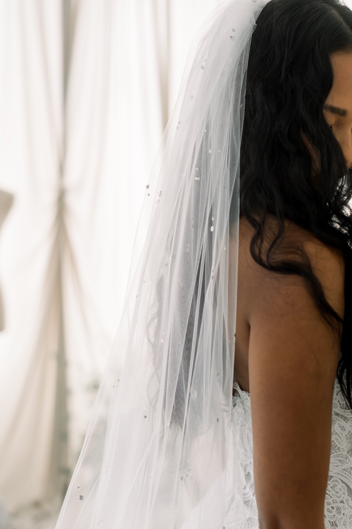 Bride wearing a veil with a blurred background
