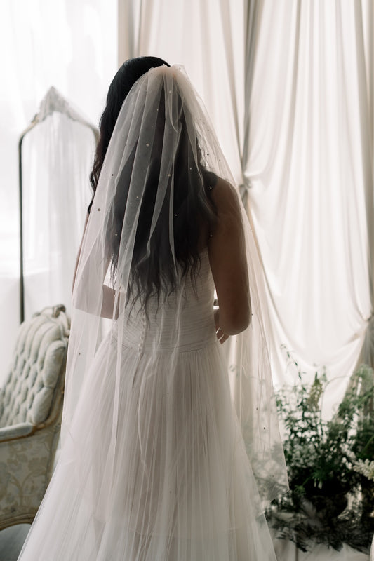 Person wearing a white wedding dress with a long veil in a softly lit room.