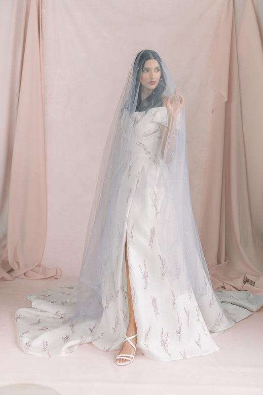 Drop veil - Lavender bridal veil with pearls and crystals - French tulle veil