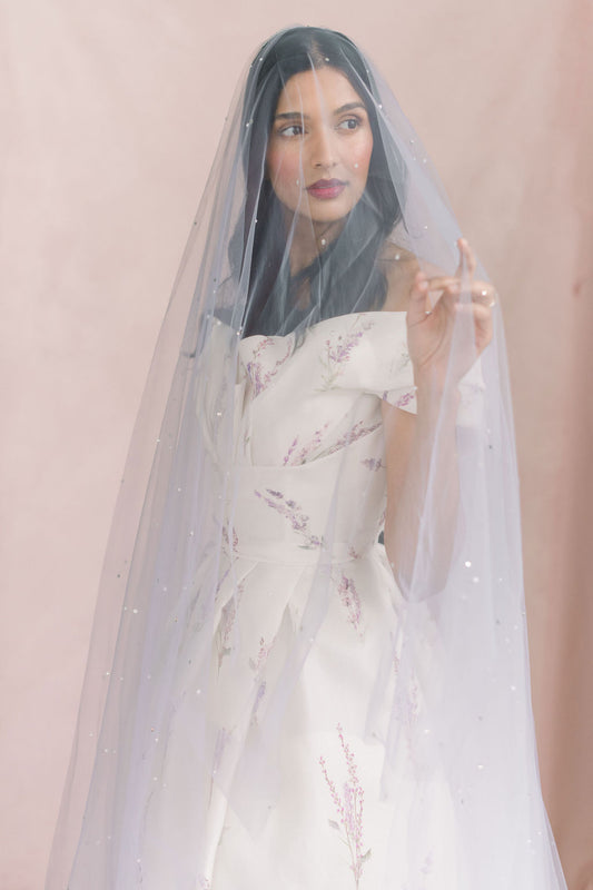 Drop veil - Lavender bridal veil with pearls and crystals - French tulle veil