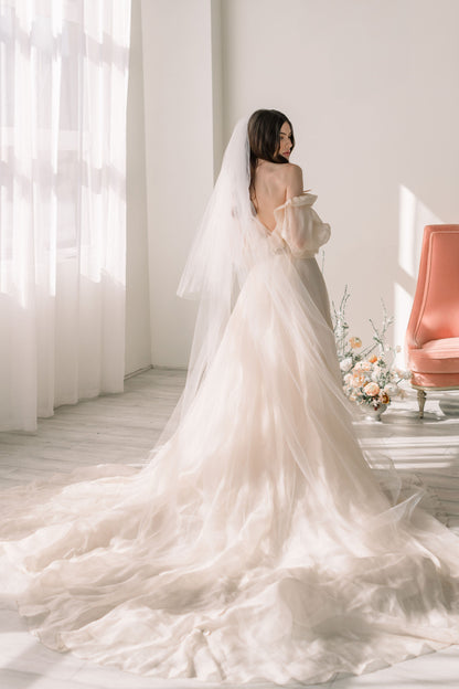 Two tier veil - Tulle bridal veil with detachable blusher - Illusion tulle veil - Ready to ship