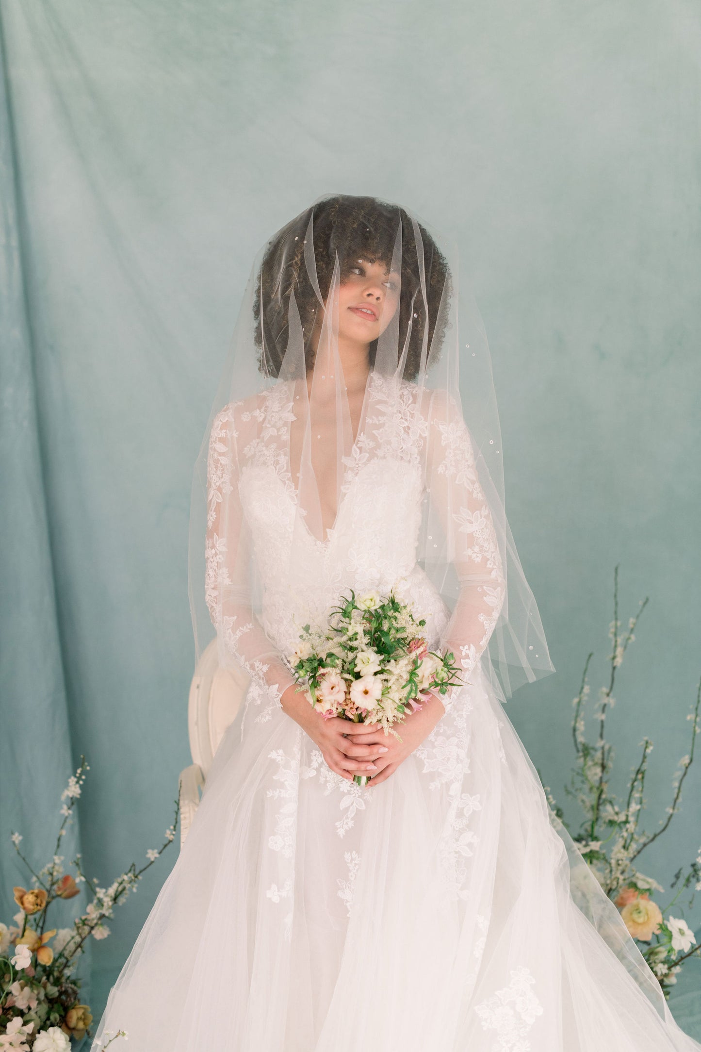 Drop bridal veil with clustered dew drops throughout - Ready to ship