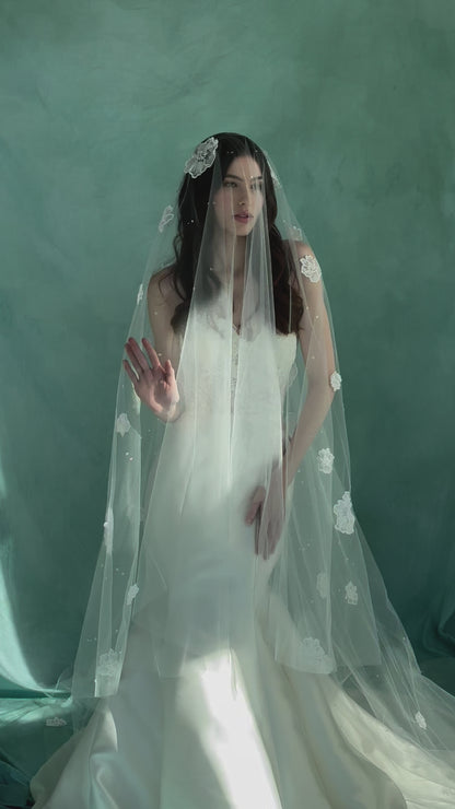 Drop veil - Bridal veil with lace and dew drop accents - Illusion tulle veil