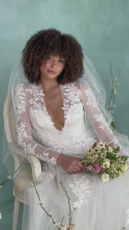 Single tier veil - Angel cut veil with pearls - Illusion tulle veil