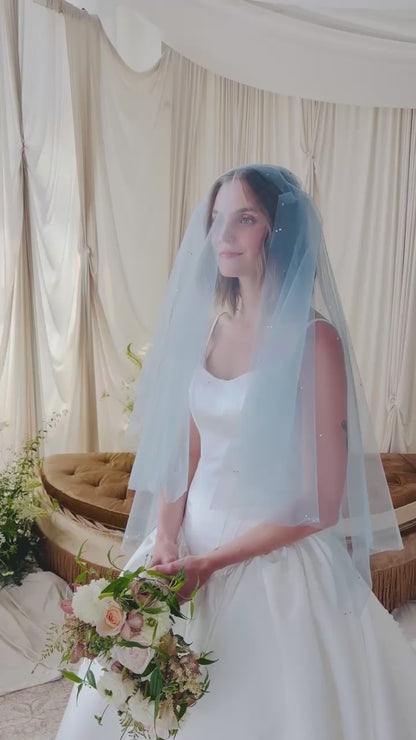 Juliet veil with short blusher - Crystal adorned soft tulle veil
