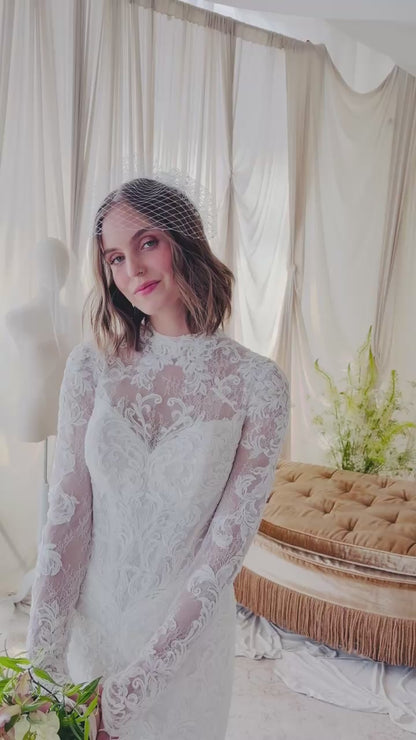 Birdcage veil - Gathered pearls - Ready to ship