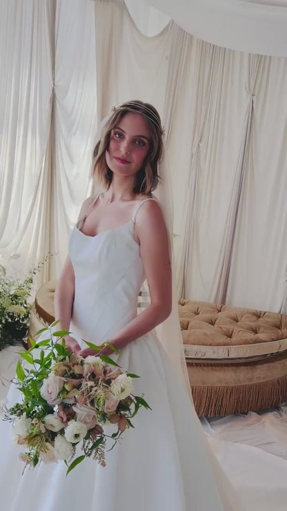 Champagne and gold draped veil with floral crown