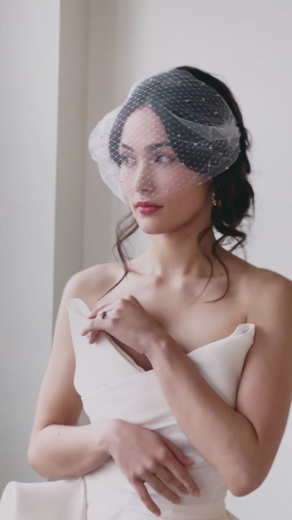 Double layer bandeau birdcage veil with crystals- ready to ship
