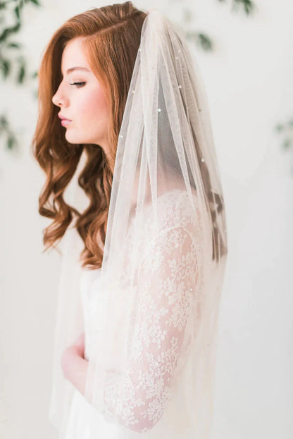 Crystal adorned English net bridal veil