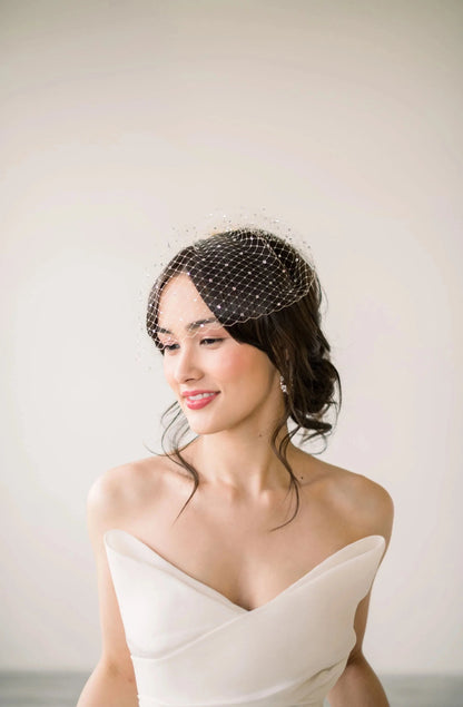 Mini birdcage veil with crystals - ready to ship