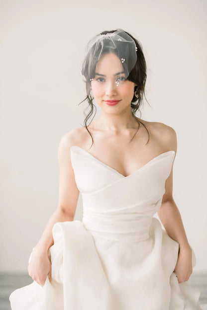Mini bridal tulle birdcage veil trio pearl accents - Ready to ship Tessa Kim