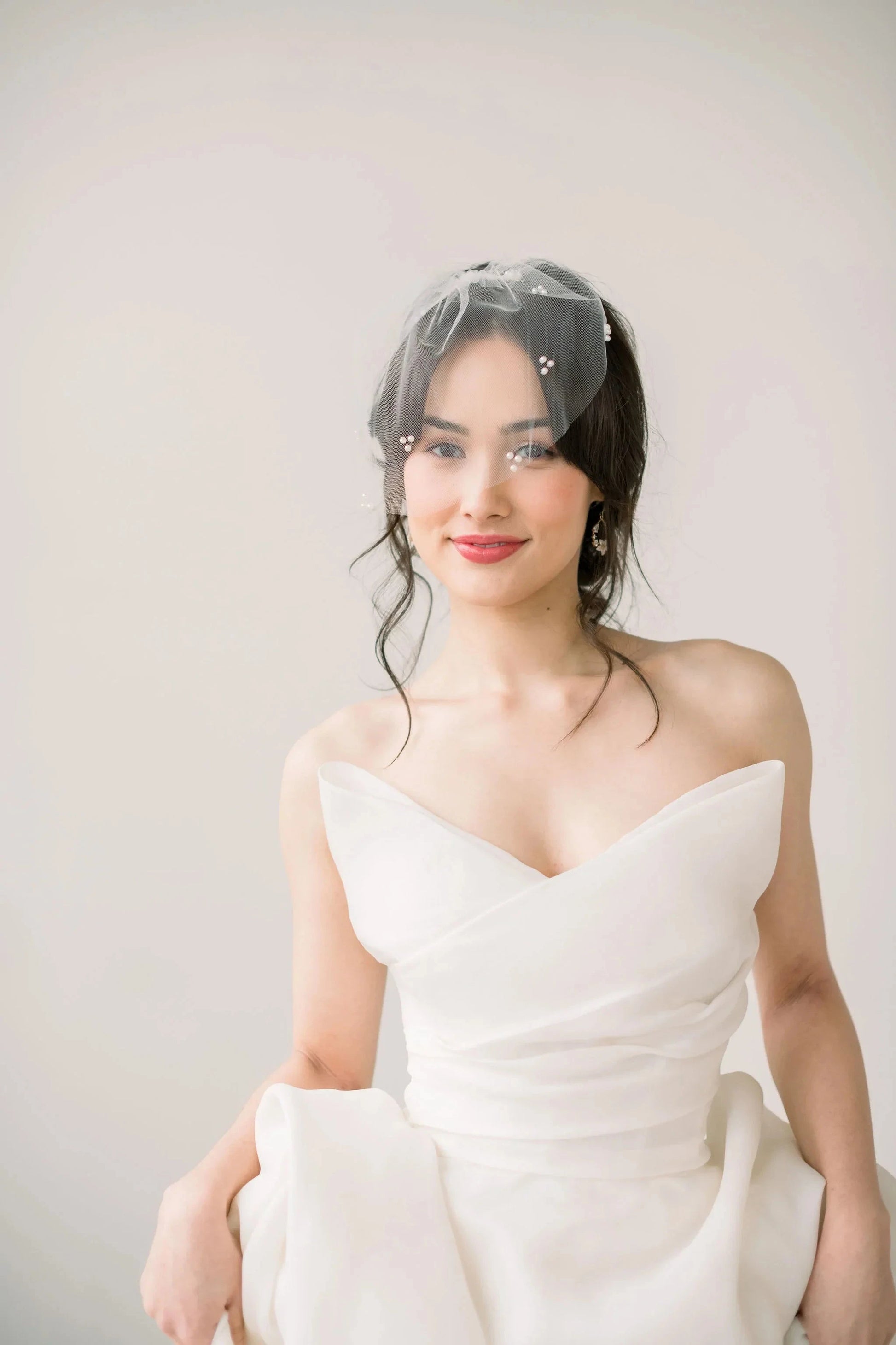 Mini bridal tulle birdcage veil trio pearl accents - Ready to ship Tessa Kim