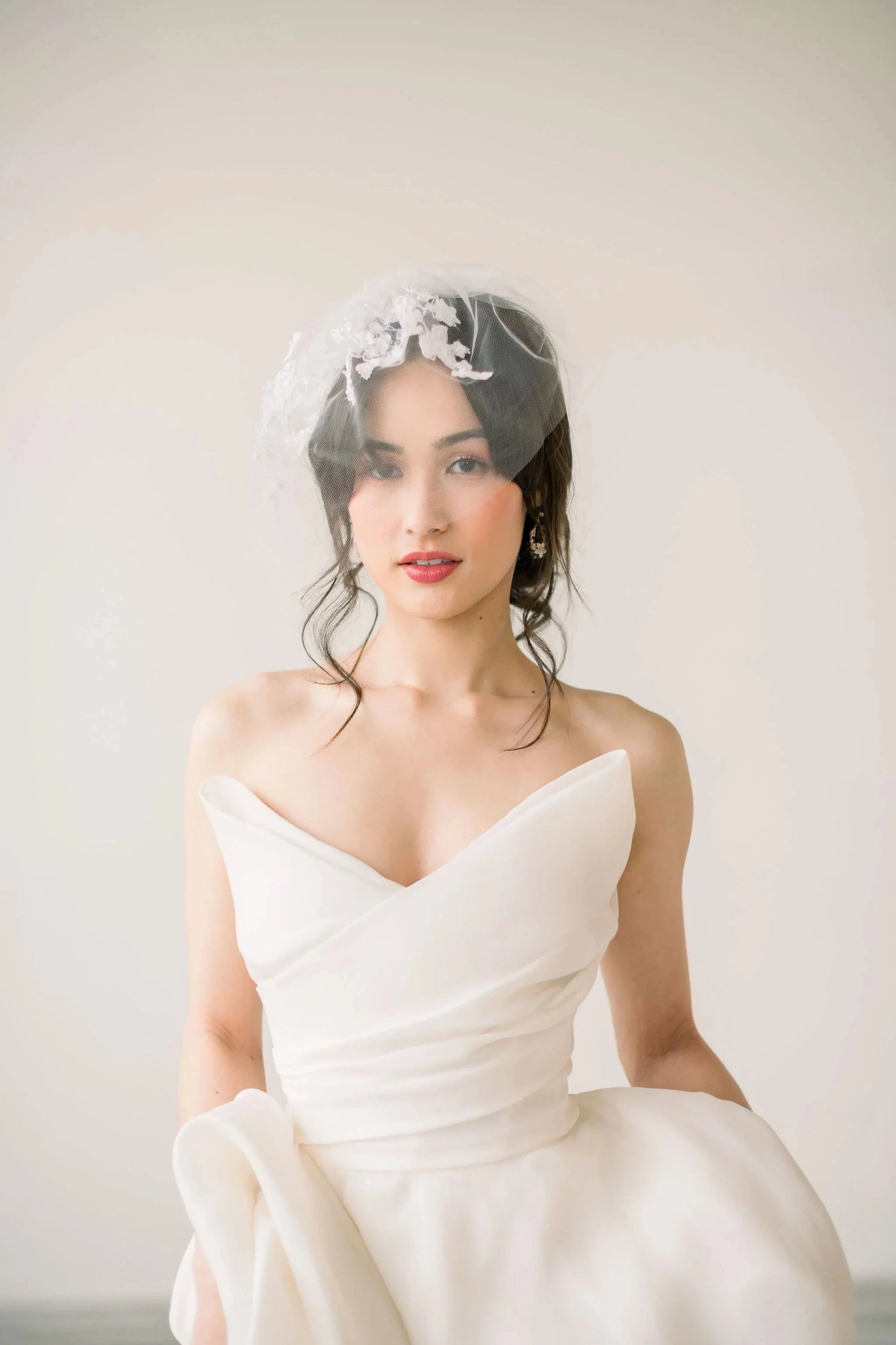 Tulle birdcage veil with lace accents Tessa Kim
