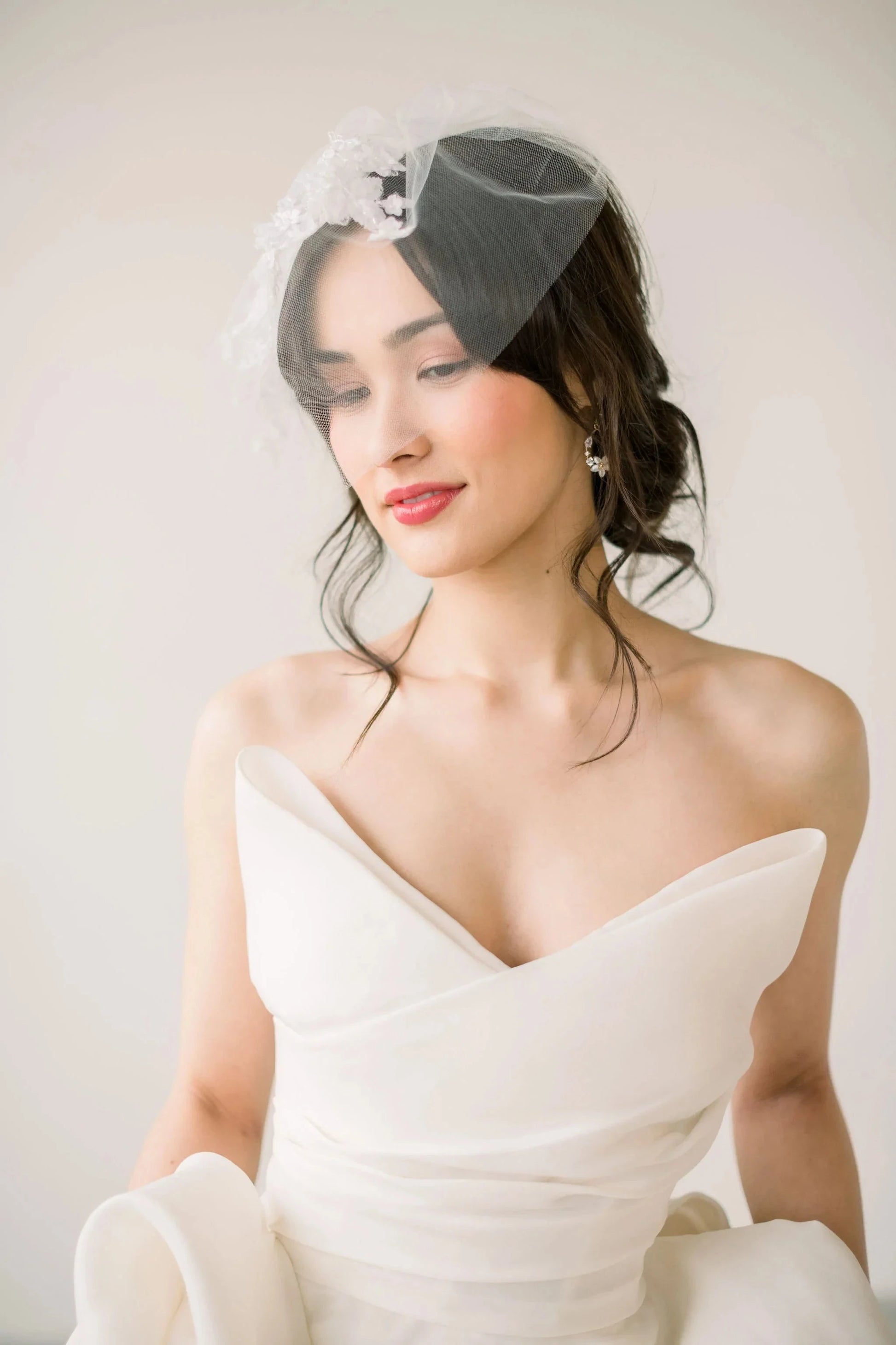 Tulle birdcage veil with lace accents Tessa Kim